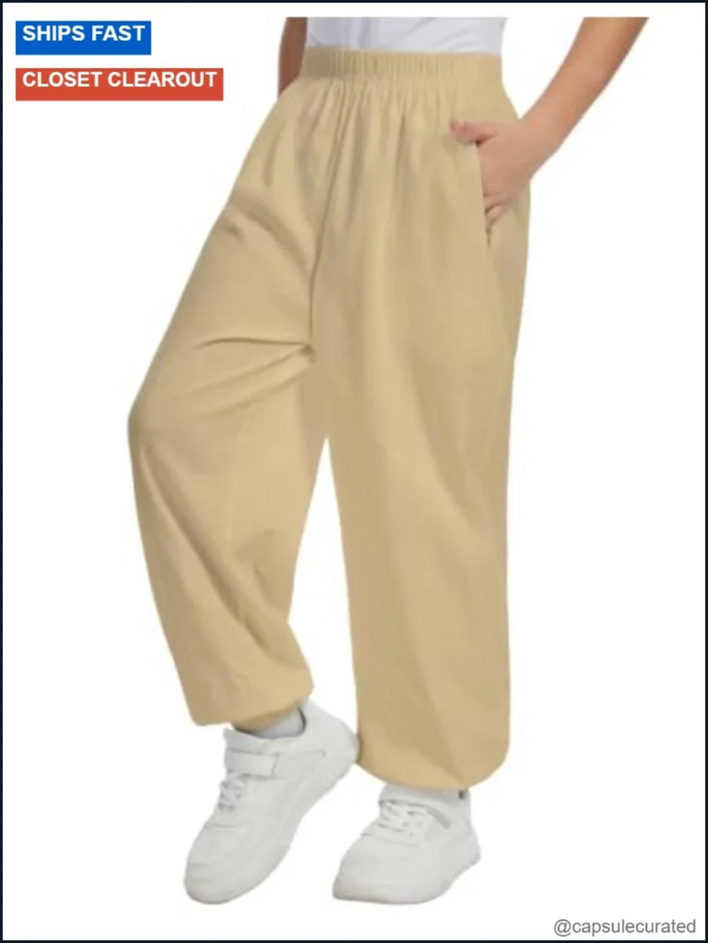 Boys Cotton Linen Jogger Pants Loose Fit Pull On Elastic Waist Cuffed Ankle